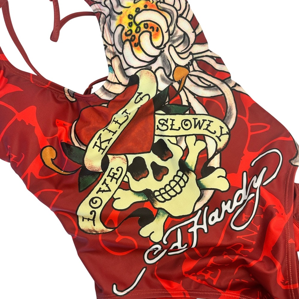 Ed‎ Hardy Swimsuit Women Large Red NWT Love Kills Slowly Skull Tattoo One Piece